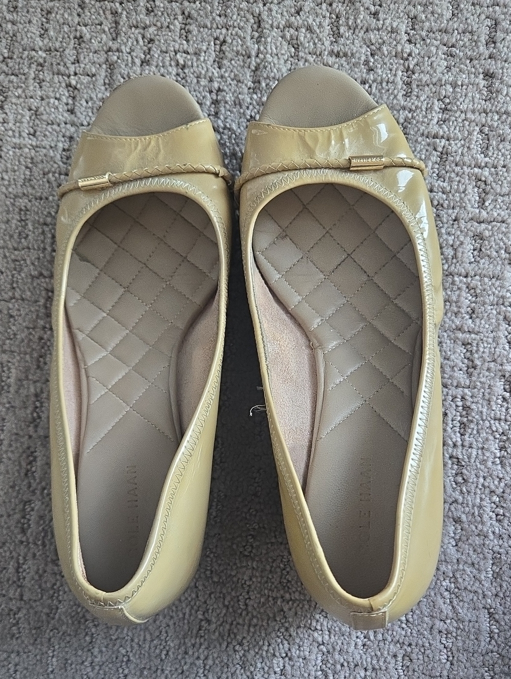 Cole Haan Tan Patent Peep-Toe Wedge Heels